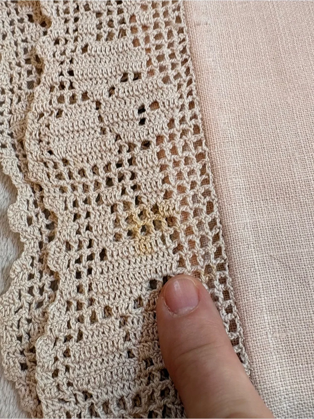 Classic Crochet Lace Trim Linen Tablecloth in Cream Tan Vintage Handmade